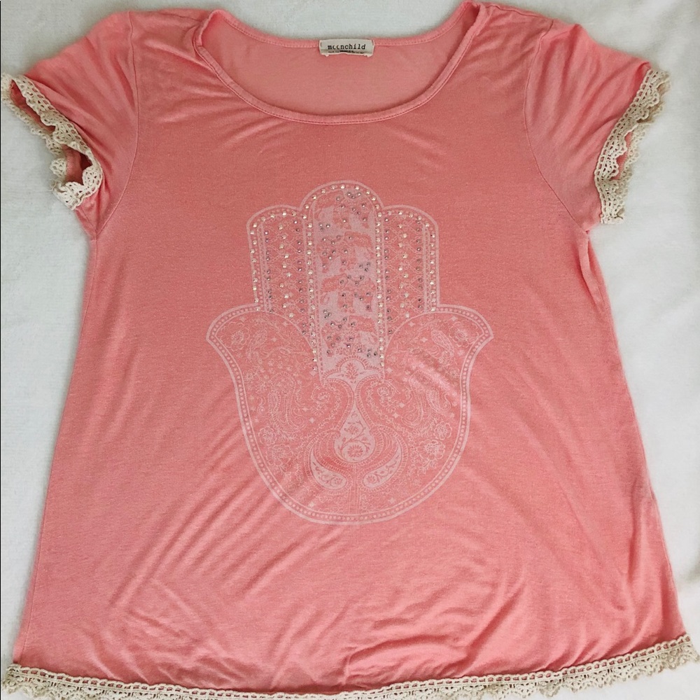 Hamsa shirt with embellished front and lace trim.
